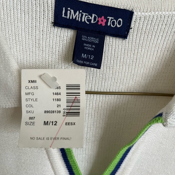 NWT vintage Limited Too White Knit Top with Green and Blue Trim - Picture 2 of 4